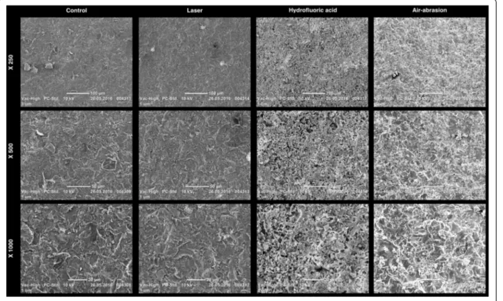 Fig. 3 SEM micrographs of feldspathic ceramic surfaces after treatment