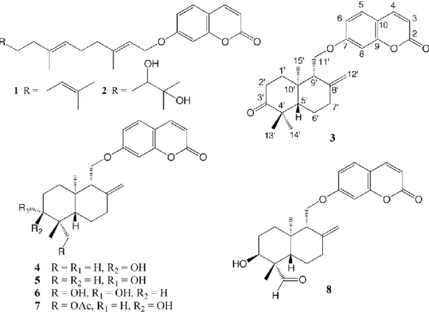 Figure 1. Structures of the sesquiterpene coumarins isolated from the dichloromethane extract of the  roots of Heptaptera anatolica