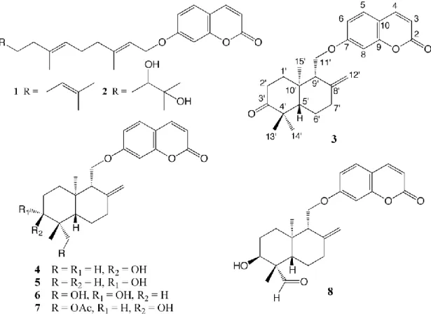 Figure 1. Structures of the sesquiterpene coumarins isolated from the dichloromethane extract of the  roots of Heptaptera anatolica