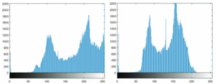 Figure 5: Comparison between the histograms of the HDR images. (Left) Without optical mask