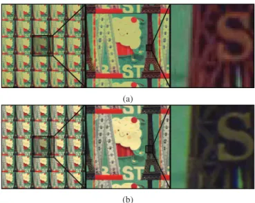 Figure 4: Spatial resolution enhancement of light ﬁeld. (a) Low-resolution bilinearly interpolated light ﬁeld captured by the light ﬁeld sensor; (b) Spatially enhanced light ﬁeld as a result of the proposed algorithm.