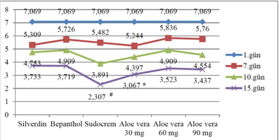 Figure 2. Graphical display of burn areas of experimental groups on stated days.