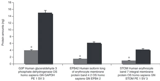 Figure 4. Erythrocyte membrane protein quantification (human glyceraldehyde‑3‑phosphate dehydrogenase, protein band 4.2 and band 7)
