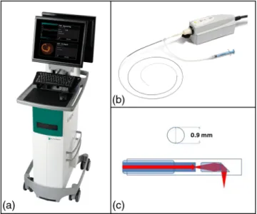 Fig. 1 The St. Jude OCT system. (a) C 7-XR tm OCT console. (b) The C7 dragonfly OCT imaging probe connected to the OCT driver  con-taining the optical fiber and focusing optics and electronic  compo-nents for measurements