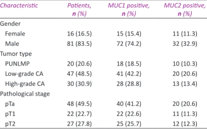 Table 1: The clinicopathological characteristics of 97 cases Characteristic Patients,  n (%) MUC1 positive, n (%) MUC2 positive, n (%) Gender Female 16 (16.5) 15 (15.4) 11 (11.3) Male 81 (83.5) 72 (74.2) 32 (32.9) Tumor type PUNLMP 20 (20.6) 18 (18.5) 10 (