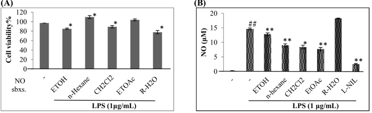 Figure  2.  The  effects  of  EtOH  (100  µg/mL)  extract  and  its  subextracts  [n-hexane  (100  µg/mL),  CH 2 Cl 2  (50  µg/mL),  EtOAc  (100  µg/mL),  R-H 2 O  (100  µg/mL)]  on  the  viability  (A)  and  NO  productions (B) of LPS induced Raw 264.7 ce
