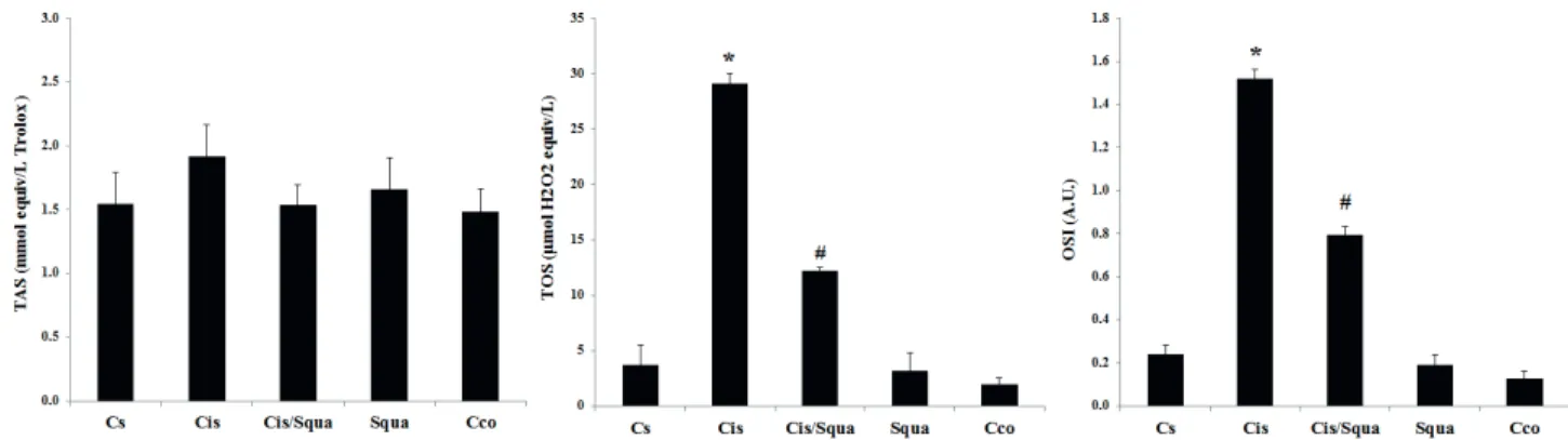 Figure 3. The concentrations of selected inflammatory markers  (IFNγ, IL6, IL10, IL17, and TNF-α) in the kidney tissue  homogenates which were measured using Magpix Luminex  System in Cs (control-received saline), Cis (cisplatin-treated),  Cis/Squa (cispla