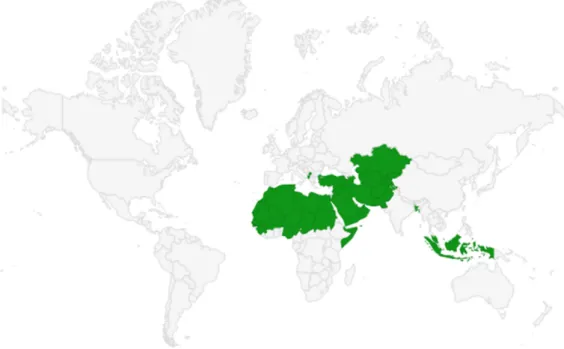 Figure 1. Map of targeted countries with a Muslim population of more than 50%.