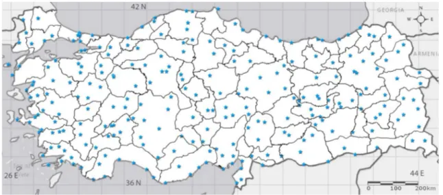Fig. 1 Spatial map showing administrative provinces and selected rain gauges in Turkey (number of administrative provinces 81; number of rain gauges 250)