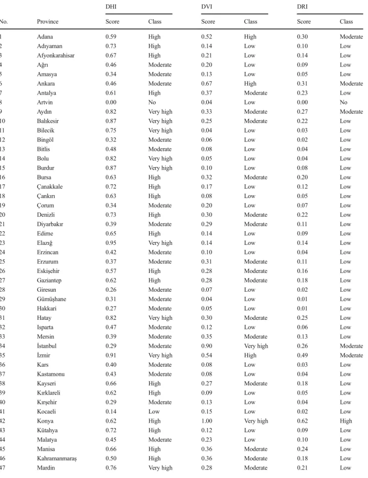 Table 2 DHI, DVI, and DRI scores for 81 provinces in Turkey