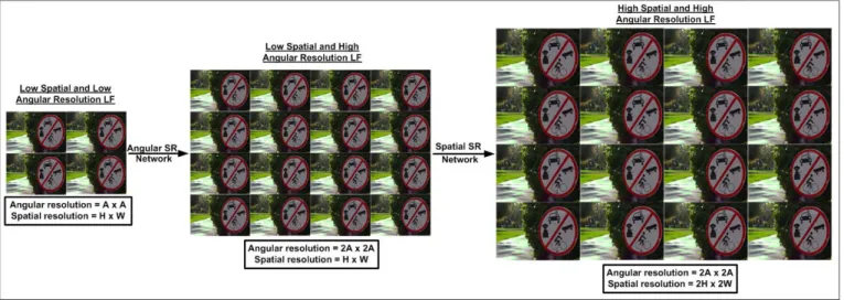 Fig. 5. An illustration of the proposed LFSR method. First, the angular resolution of the light field (LF) is doubled; second, the spatial resolution is doubled.