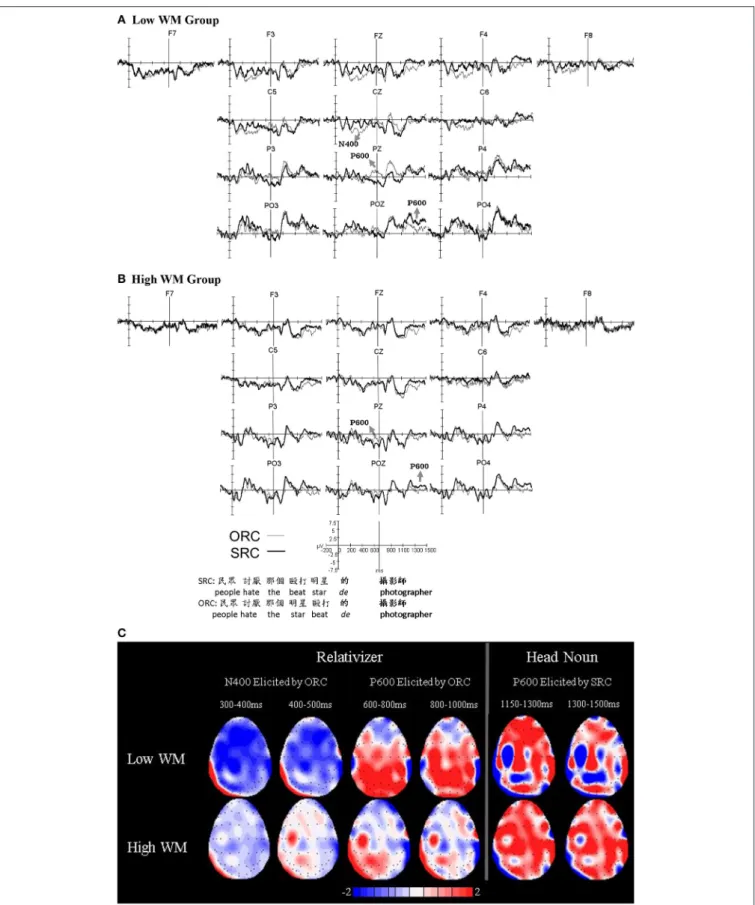 FIGURE 1 | Grand average ERPs on the relativizer and the head noun for the low working memory group (A) and the high working memory group (B)