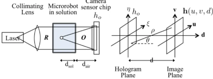 Fig. 2. Schematic of a digital in-line holography setup. R, reference wave; O, object wave; d, propagation distance; d s o l and d a ir , geometric distance of wave travelling through solution and air, respectively