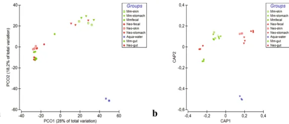 Figure 4.  Mean relative abundances of 16S rRNA sequences. Phylum level relative abundance as bar chart (a),  genus level relative abundances shown as heatmap (Individual taxa displayed if the its abundance in any sample 