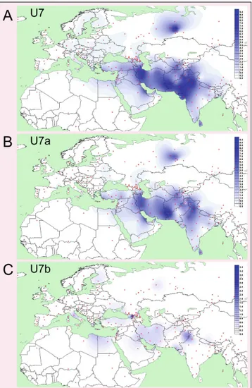 Figure 2.  Spatial Frequency Distribution Maps of Haplogroups U7, U7a and U7b. Dots indicate the  geographical locations of the surveyed populations