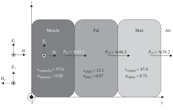 Figure 7.4  Multi-layer human tissue model at 403 MHz (ε r : permittivity,  σ: conductivity, P τ  : power transmission factor)