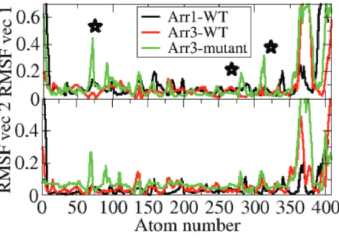 Figure 11. Profile of fluctuations along the first two essential eigenvectors of the systems