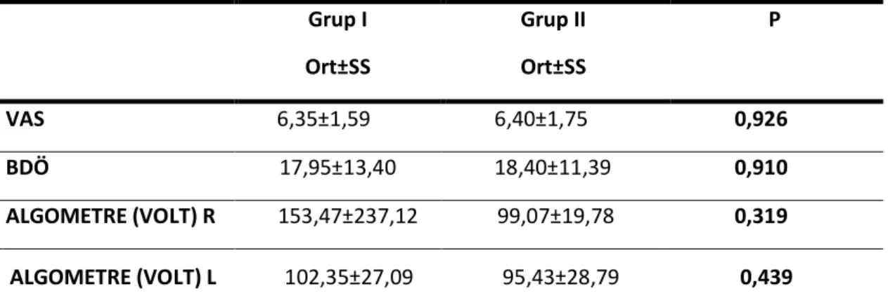 Tablo  6-2.  Grupların  tedavi  öncesi  VAS,  BDÖ,  NSP  ve  algometre  skorlarının  karşılaştırılması  Grup I  Ort±SS  Grup II Ort±SS  P  VAS        6,35±1,59          6,40±1,75             0,926  BDÖ  17,95±13,40          18,40±11,39             0,910  A