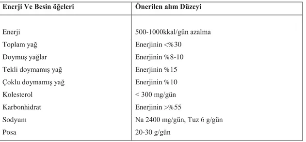 Tablo 4.2.8.1. Sağlıklı Bir Zayıflama Programının İçeriği Baş ve Sağlam (15)  Enerji Ve Besin öğeleri  Önerilen alım Düzeyi 