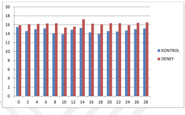 Şekil 6.1. Anne sıçanlarda hayvan başına gün aşırı tüketilen pelet yem miktarları  Şekil 6.1.’e bakıldığında deney grubunun kontrol grubuna göre tüm ölçümlerde daha  fazla yem tükettiği görülmektedir