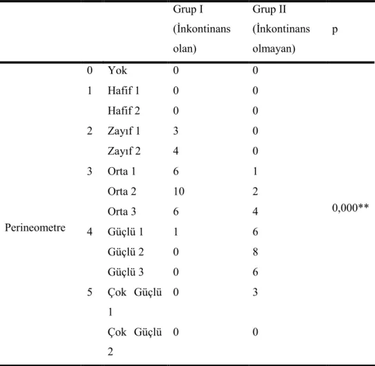 Tablo 6-5. Olguların sigara kullanımlarının karşılaştırılması  Grup I  (İnkontinans olan)  Grup II  (İnkontinans  olmayan)  P  Sigara  Kullanan  3  6  0,472  Kulanmayan  27  24 