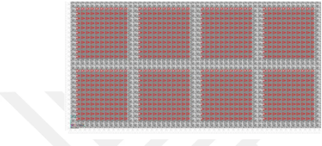 Figure 4.2: Applied boundary conditions. The red symbol depicts the voltage loads applied to the transducer elements