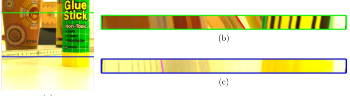 Figure 3.2: (a) Middle sub-aperture image with two EPI lines marked. (b) EPI for the green line
