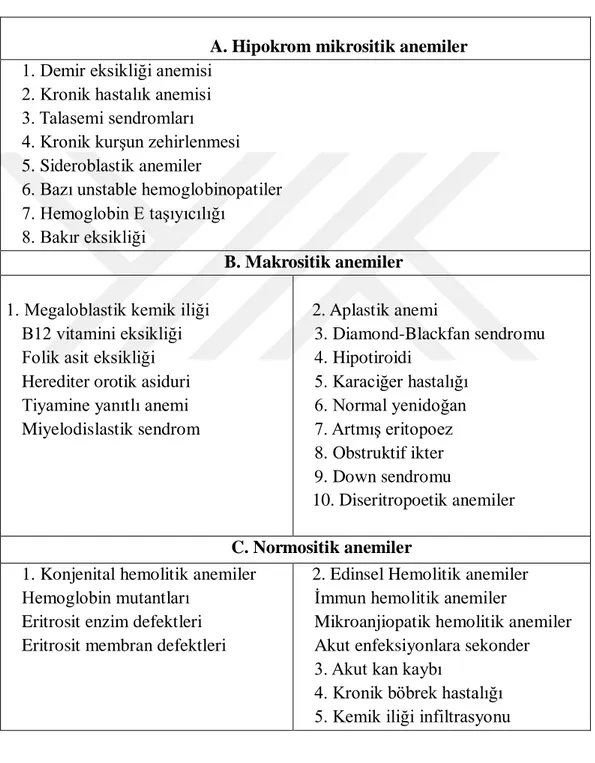 Tablo 4.1.3. Ortalama Eritrosit Hacmine Göre Anemilerin Sınıflandırılması  (11). 