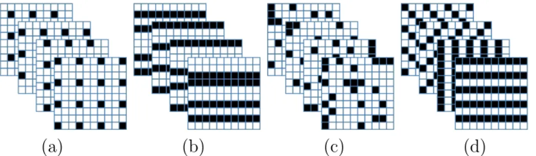 Figure 2.2: Illustration of different exposure masks. (a) Non-overlapping uniform grid exposure [14], (b) Coded rolling shutter [18], (c) Pixel-wise random exposure [16], (d) Frequency division multiplexed imaging exposure [24].