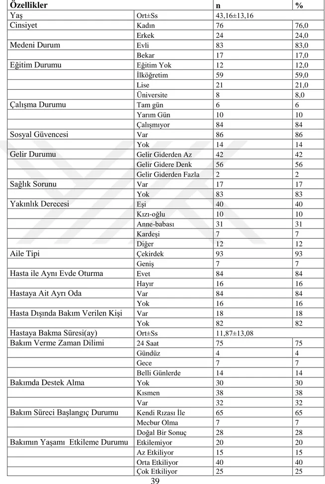 Tablo 6.3: Bakım Veren Bireylerin Tanıtıcı Özelliklerine Göre Dağılımı (N=100) 