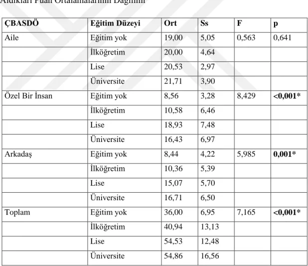 Tablo  6.9:  Bakım  Veren  Bireylerin  Eğitim  Düzeyine  Göre  ÇBASDÖ’  den  Aldıkları Puan Ortalamalarının Dağılımı 