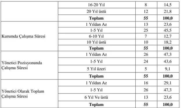 Tablo  6.1.1’de  yöneticilerin  seçilmiş  özelliklerinin  dağılımı  sunulmaktadır. 