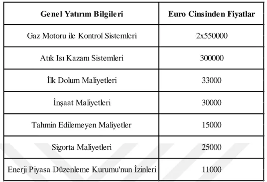 Tablo 5.3.2: Trijenerasyon Sisteminin Maliyeti 