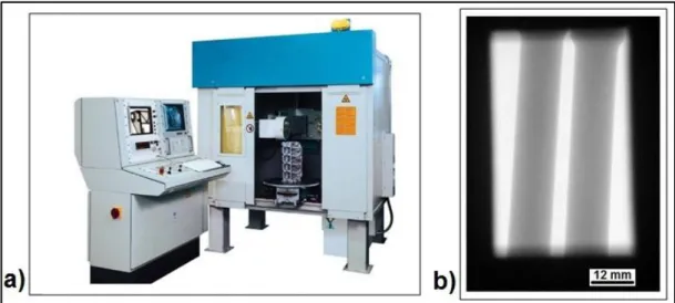 Figure 3.14: a) X-Ray inspection [NN12], b) X-Ray photograph of two d 0 =12 mm tensile test  specimens