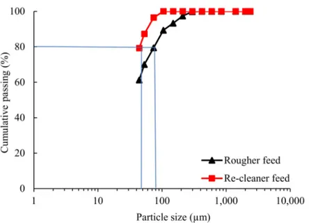 Figure 1. Particle size distribution of the samples fed to the laboratory flotation cells.