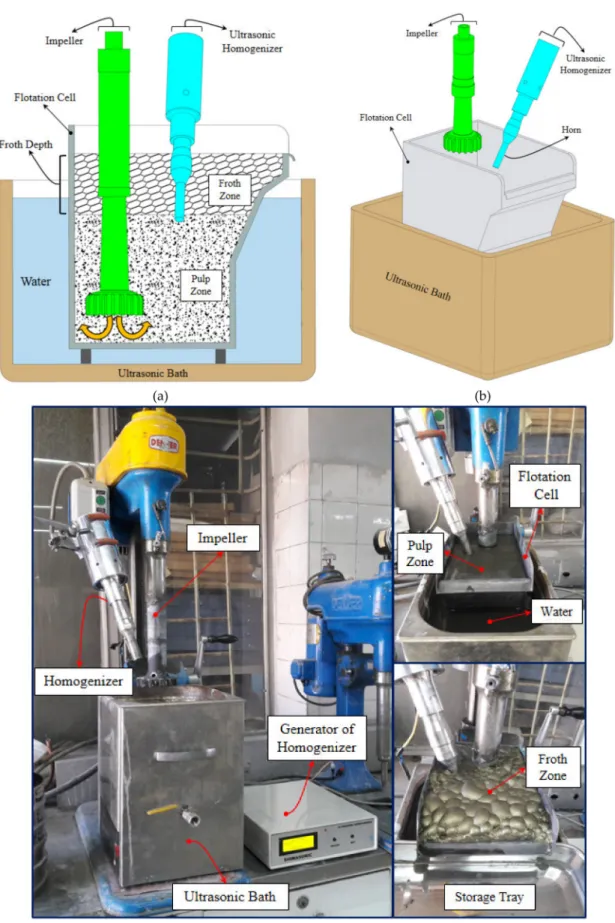 Figure 2. Schematic representation of the (a) 2D experimental setup for the flotation tests, (b) 3D overview of the flotation cell, and (c) laboratory design of the integrated cell with the ultrasonic bath and the homogenizer.