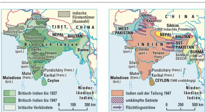 Abbildung 3.1:  Britisch-Indien von 1858 – 1947 (links) und Teilung Indien 1947 (rechts)