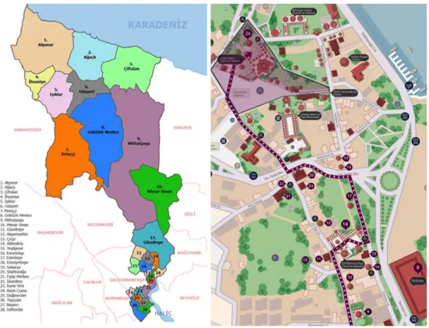 Abbildung  4.1:  Karte  der  Stadtviertel  in  Eyüpsultan 195   und  des  historischen  Zentrums  Eyüp  mit  hervorgehobenem Forschungsbereich