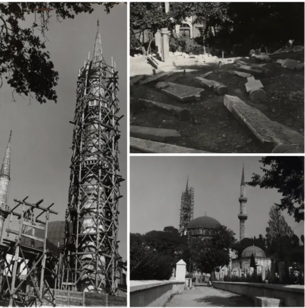 Abbildung  4.2:  Fotografische  Bestandsaufnahme  von  Ülgen  in  den  1950er.  Eyüp-Sultan  Moschee  während Restaurationsphase 222  und Zustand der Friedhöfe 223