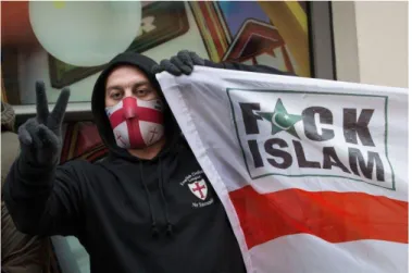 Figure 6: An EDL Supporter at a Rally in 2014 Holding an Insulting Poster 