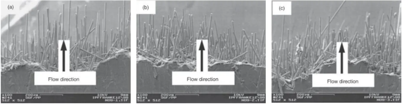 Figure 2.6 Fiber orientation variation from the left side of the composite to the right side (a) left side,           (b) middle, (c) right side  (Fu et al., 2009) 