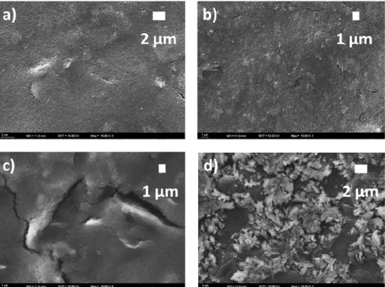 Figure 4. SEM images of non-imprinted polymer (NIP) (a) before and (b) after template removal; SEM  images of molecularly imprinted polymer (MIP) samples (c) before and (d) after template removal  (All images were taken at a magnification level of 10,000×)