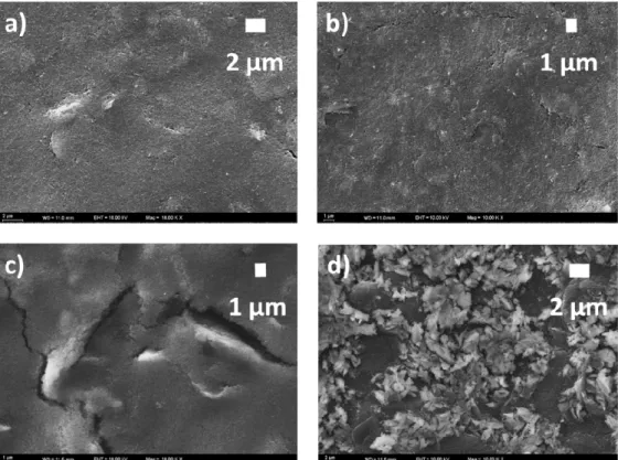Figure 4. SEM images of non-imprinted polymer (NIP) (a) before and (b) after template removal; SEM  images of molecularly imprinted polymer (MIP) samples (c) before and (d) after template removal  (All images were taken at a magnification level of 10,000×)