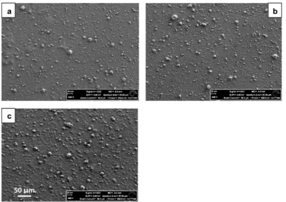Fig. 7. SEM images of spray coated TPSC/silica (1/10) surfaces. (a) 1 s, (b) 2 s, and (c) 3 s