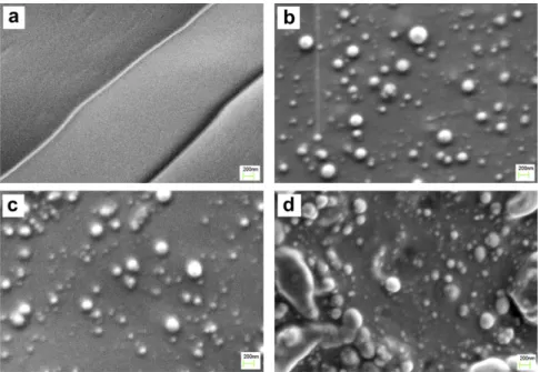 Fig. 5. SEM pictures for PSU-11-DY-5.6 based nanocomposites containing hydrophobic silica H2000