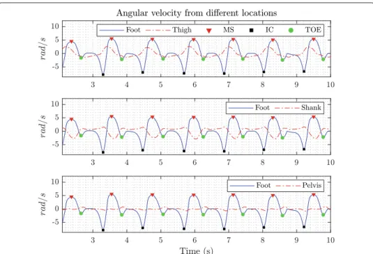 Fig. 4 Illustration of the angular velocity in the sagittal plane from different locations