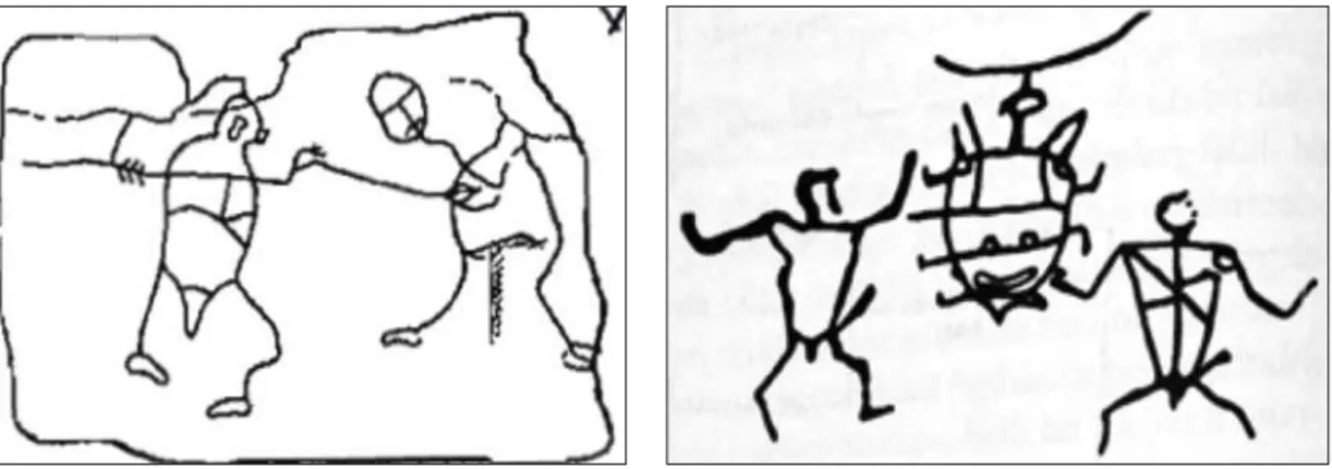 Tablo 3.  Mızraklı  savaşçı  eylemleri. 1, 2 – Çağan    (Çeremisin,  2004);;  3  – Jalgız  Tobe  (Gorbunov,   1998); 5 – Jalgız-Töbe  (Kızlasov, 1995) ; 4 –Har-Salaa,  Moğolistan    (Kubarev,  2002b);;  6   – Yustıd,   Altay;  7 – Kara-Oyuk (Okladnikova, 1