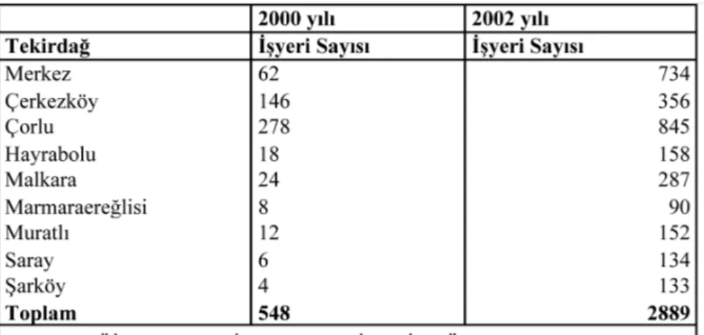 Tablo 12: Tekirdağ İlçelerinin İmalat Sanayisindeki İşyeri Sayısı (2000 ve 2002 yılı)