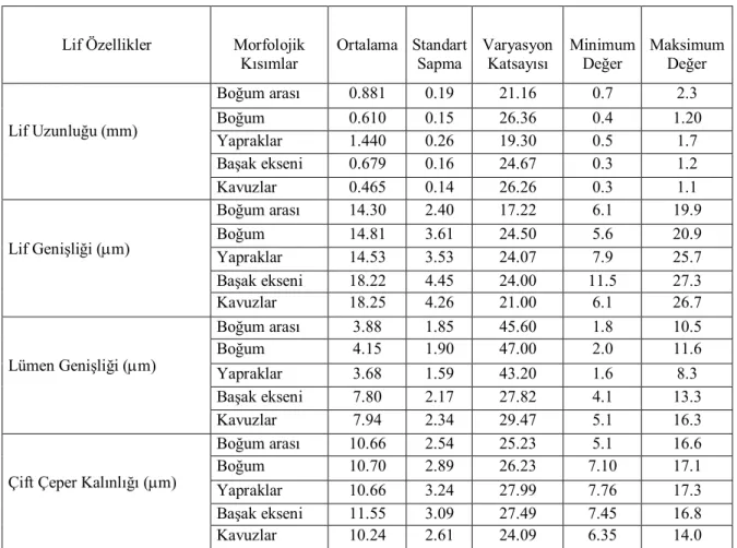 Çizelge 1.1. Buğday sapının değişik morfolojik kısımlarındaki liflerin boyutları (Tutuş ve  ark, 2009)