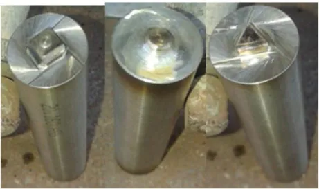 Figure 3.2: Shows the shape and dimensions of the welding tools: (left-a) - cylindrical tool with a  square pin; (middle-b) - a cylindrical tool with a conical pin; (right-c) - Cylindrical tool with a triangular 